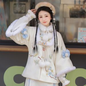 Xiaoxian Xiaoji [Warm] Original Womens Han Chinese Clothing Ming System Horse-Face Skirt Fleece-lined Short Coat Daily Thickened New Year Clothes Winter