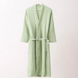 2026 Japanese Simplicity 3-layer Gauze Lapels Yarn Sofe Water Absorption   Home Dressing Gown Long Kimono Skin Loose100% Cotton