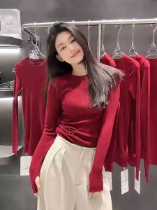 เสื้อสเวตเตอร์ถักคอปกกลมแขนยาวทรงสลิมฟิตสำหรับผู้หญิง เสื้อชั้นในสีแดง เสื้อชั้นในฤดูใบไม้ร่วง/ฤดูหนาว เสื้อชั้นในสเวตเตอร์เนื้อผ้าผสมโพลีเอสเตอร์