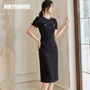 Roey s house | Elegant Business Black Bubble Sleeve Midi Dress