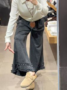 Gray Wooden Edge Wide Leg Pants Womens High Waist Slimming Small Size Drape Casual Pants Korean Style Autumn 2025 New Arrival