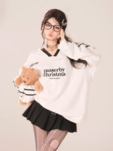 Áo Hoodie Cổ Chữ V Tay Dài Rộng Rãi Phong Cách Đường Phố Màu Đen Trắng Kellykitty Dành Cho Nữ Tuổi Từ 18-24 Mùa Xuân 2024