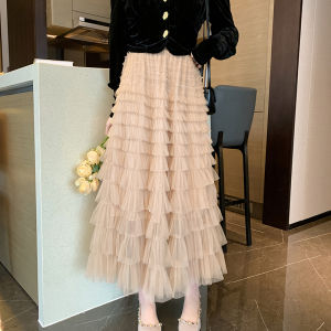 Pháp Cổ Chữ V Nhung Áo Váy Bộ Nữ Mùa Xuân Mùa Thu Dễ Thương Nhiều Lớp Phong Cách Mát Mẻ Lưới Bộ Hai Món Bánh Dài Váy