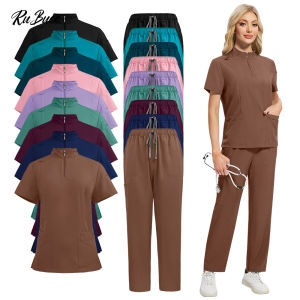 Scrubs Uniforms Women Pet Hospital Work Set Stretch Scrubs Tops Pants with Multi Pockets Yoga Waistband Dentistry Work Uniforms