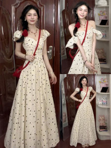 BeautyMark | French Polka Dot Dress Women Summer New Unique Beautiful Long Dress A-Line Skirt Short Sleeve Sweet Style Polyester Fiber