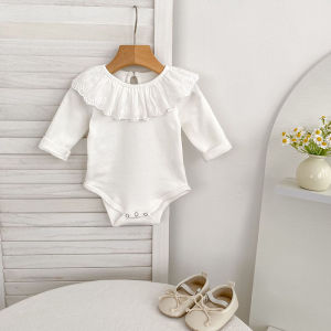 Mùa Thu Bé Gái Romper Áo Liền Quần Cotton Trắng Phối Ren Cổ Cho Bé Jumpsuit 0-24M Trẻ Sơ Sinh Hàng Ngày Cổ Tròn Đơn Ngực Quần Áo Bé Gái