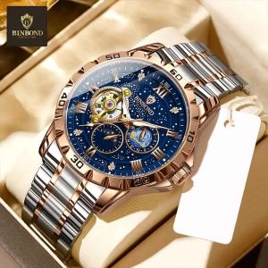 Đồng Hồ Cơ Nam Sang Trọng BINBOND Đồng Hồ Đeo Tay Bằng Thép Không Gỉ Tourbillon Tự Động Có Thể Hiển Thị Pha Mặt Trăng Với Màn Hình Số La Mã Phát Sáng