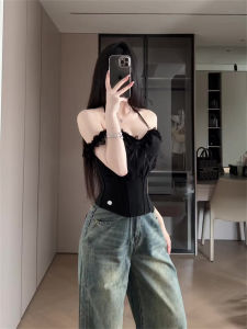 Black Lace One-Shoulder Strap Vest Womens Summer Outdoor Wear Fishbone Bra Short Waist Cinching Spicy Girl Top