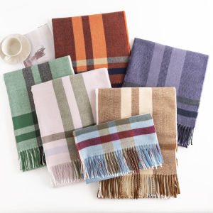 Winter Plaid Scarf Fashionable Sweet Shoulder Wrap Medium-Length Thick Warm Faux Cashmere Tassel Korean Style Cotton Polyester