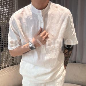High Quality Chinese Style Pure Linen Comfortable Short Sleeve Mens Loose Luxury Base Shirt Fashionable Urban Youth Banquet