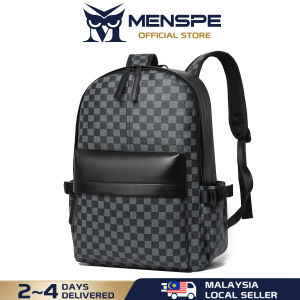MENSPE Fashion Men’s Backpack Laptop Backpack Soft PU Backpack Business Travel Bag Waterproof Backpack Grid Pattern Design College Commuting Backpack Leisure School Bag For Travel Study Business
