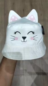 Topi Anak Perempuan Topi Bucket Anak motif Kucing Putih