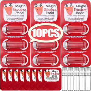 Dizoey 10Pcs Magic Reindeer Food Plastic Small Bottles Red Cards Holiday Activity Kits for Christmas Eve Decor Mini Candy Glass Bottle