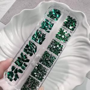 12Grids 3D Emerald Green Nail Art Rhinestones Random Mixed Shapes Flatback Glass Gems Nails Decorations DIY Manicure Accessories