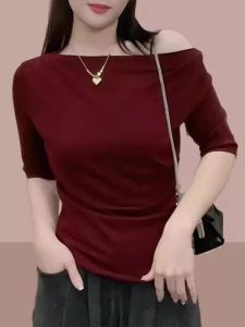 Shoulder Baring Short Sleeve Base Tee Womens Fashion Summer 2025 Korean Style Loose Fit T-Shirt One Word Collar Short Length