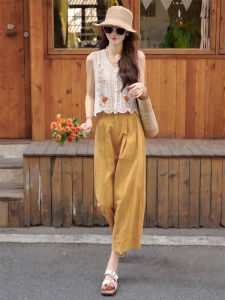 Summer Fashion Set Womens Knitted Hollow Embroidery Vest Casual Wide Leg Pants Two-Piece Set Small Fragrance Style 2025 New Arrival Polyester Fiber