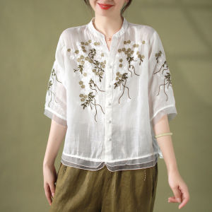Retro Classy Flower Embroider Organza Patchwork Top Plus Size Womens Clothing Elegant V Neck Half Sleeve Ramie Shirt