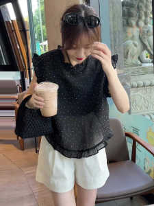 Fashionable Polka Dot Chiffon Blouse Womens Summer New Arrival Sleeveless French Style round Neck Short Sleeve Gown for Younger Look