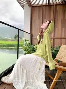 Áo Len Dài Tay Mỏng Xanh Bơ Hooded Phong Cách Thu