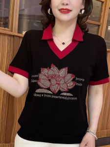 HUAXUNRAN | Casual Short Sleeve T-shirt with Turn-down Collar and Rhinestones for Women