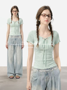 BAIDAIFEI | Green Ruffle Trim Fitted T-shirt Short