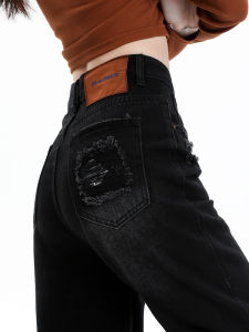 QIAOMIDUO | High Waist Straight Leg Black Denim Jeans Womens Autumn Winter Spring Trousers European Style Wide Leg Pants Casual Cotton
