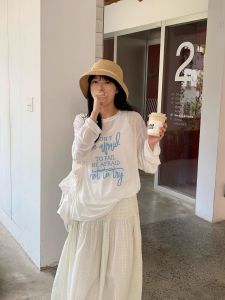 Lazy Long Sleeve T-Shirt Letter Print Thin Summer New Style Korean Style Commute Wind Loose Fit round Neck Top Womens Fashion