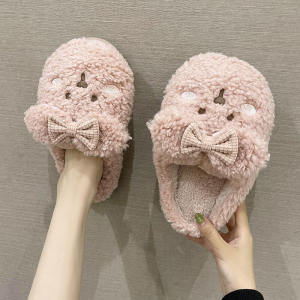 Cute Cotton Slippers with Heel for Women Indoor Home Use Thick Bottom Anti-Slip Winter Warm Furry Moon Shoe Rubber Foam Sole