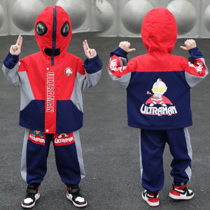 ชุดกันหนาวแขนยาวลาย Ultraman สำหรับเด็กชาย ชุดกันหนาวฤดูใบไม้ผลิและฤดูใบไม้ร่วง ชุดกีฬาสองชิ้น ชุดเด็กชาย ชุดกันหนาวผ้าโพลีเอสเตอร์