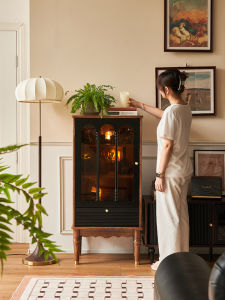 French Retro Display Cabinet Small Apartment Living Room Wall Locker Wine Cabinet TV Cabinet Side Cabinet Glass Door Hand Cabinet