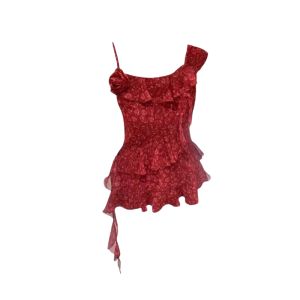 YUEZHONGWEI | Áo vest không tay màu đỏ hoa viền xếp ly kiểu Pháp cho nữ mùa hè ngoài trời eo cao Áo sơ mi cổ chữ V không tay