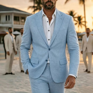 Mens Casual Linen 2-Pieces Set Slim Fit Blazer And Pant Summer Beach Wedding Party Dance Groomsmen Smoking