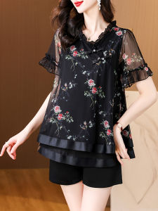 Bộ Đồ Hai Mảnh Dáng Rộng Phong Cách Trung Hoa Mới Áo Sơ Mi Búp Bê Và Quần Ngắn Che Bụng Cho Nữ Mùa Hè Cỡ Lớn