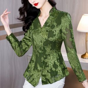 MAIMEI | Slimming Long Sleeve V-Neck Chiffon Shirt Floral Cut-Out Design Business Casual Style Polyester Fiber Autumn Fashion Top