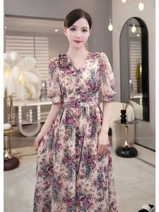 Elegant Floral Print Maxi Dress Womens Summer Design High Waist A-Line Skirt Polyester Fiber V-Neck Short Sleeve Dress