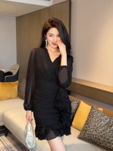 ZYHT EraVogue Đầm Váy nữ váy đen váy dài tay váy cổ chữ V váy voan váy xã hội cao cấp váy cổ điển váy sự kiện váy dự tiệc váy Pháp 9701