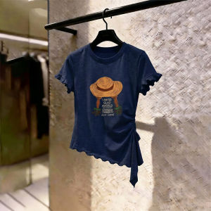 Shalldoer | Round Collar Wood Ear Edge Short Sleeve Waist Cinching Irregular T-Shirt