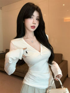 GUZILIAN | Elegant V-neck Long Sleeve Embroidery Design T-shirt Women Autumn Winter Slimming Waist-cinching Button-up Base Shirt