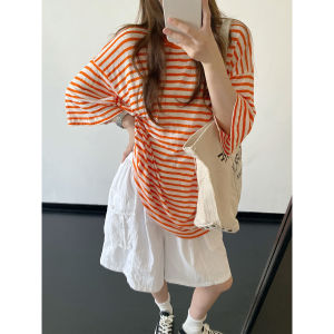 Grapefruit Soda Knit Stripe Drop Shoulder Loose Oversized T-Shirt