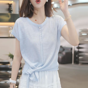 Shalldoer | Korean Style Yellow Side Tied Knitted Short Sleeve Womens T-Shirt Summer Loose Slimming Cool Feeling Casual Straight Tube Top