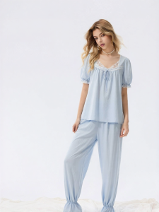 Mybody | Short Sleeve Square Neck Lace Bow Lyocell Sleepwear