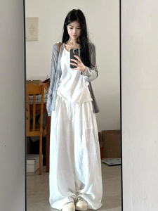Quần Ống Rộng Bằng Vải Lanh Trắng Cạp Cao Rộng Rãi Dài Đến Sàn Cho Nữ Mùa Hè 2025 Quần Dài Ống Đứng Phong Cách Hàn Quốc