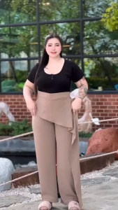 A25(รุ่นใหม่)กางเกงผ้าวูลเวฟสไบข้างระบาย ขายาวสาวอวบเอว36-54 สะโพก48-54 ยาว40 นิ้ว