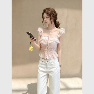 Unique Elegant Pink Flare Sleeve Lace Blouse