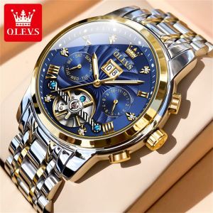 OLEVS Jam Tangan Pria Otomatis Anti Air Original Asli Mewah Kasual Kalender Led Chronograph Stainless Steel Watch Mensteel Free Box