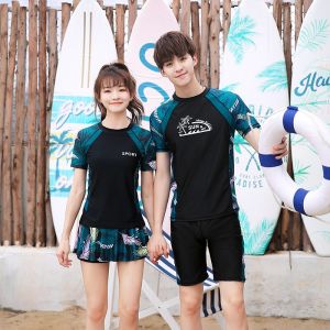 New Couples Swimwear Womens Conservative Short Sleeve Bikini Mens Large Size Swimming Suit Five Parts Thermal Spring