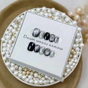 Handmade Night Sky Short Wearable Nail Art Black Cat Eye Dreamy Star Bling White Enhancing Sweet Cool Nail Stickers