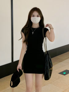 Black Short Sleeve Bodycon Dress Womens Elegant Summer Slim Fit Waist Cinched Date Outfit Set Suede Material round Neckline