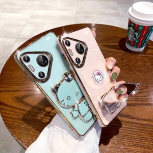 Applicable to Huawei Pura 70 mobile phone case electroplated KT cat bracket makeup mirror Pura70Pro silicone soft case protector h2607069