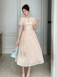 Elegant High Waist A-Line Long Dress Womens Summer Heavy Embellishment Bubble Sleeve Design Slimming A-Line Skirt Dress